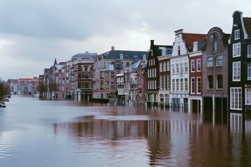 Naklejka premium An idyllic flooded street with historic tall, narrow buildings reflecting in the water, capturing the essence of calm in an urban underwater landscape.
