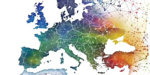 A network diagram of European supply chains, demonstrating the intricate web of connections between businesses and resources. Various colors to distinguish categories.