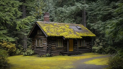 A rustic log cabin surrounded by trees with a green roof covered in moss 