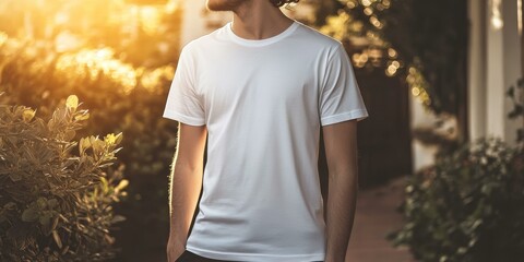 Man wearing a plain white t-shirt outdoors.