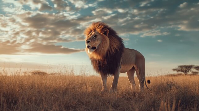 Majestic lion with a flowing mane stands in tall grass against a dramatic sunset sky. - Powered by Adobe