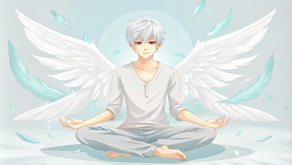 A White-Haired Angel Meditating with Wings Spread