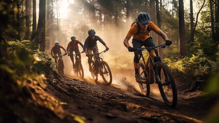 Group of cyclists mountain biking on forest trail. A group of cyclists, wearing helmets and outdoor gear, rides mountain bikes along a forest trail