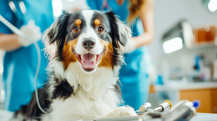 A Happy Patient: A tri-colored Bernese Mountain Dog smiles contentedly on a veterinary examination table, highlighting the importance of pet healthcare. 