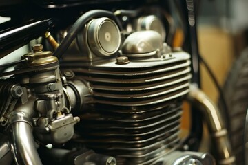 Obraz premium Classic, chrome-covered motorcycle engine with detailed mechanical elements highlighted in a workshop setting.