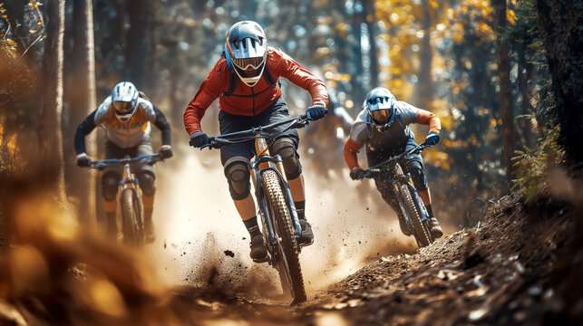 Group of cyclists mountain biking on forest trail. A group of cyclists, wearing helmets and outdoor gear, rides mountain bikes along a forest trail - Powered by Adobe