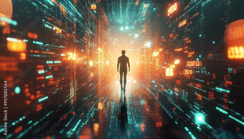 Poster digital fusion: humanoid figure in binary universe