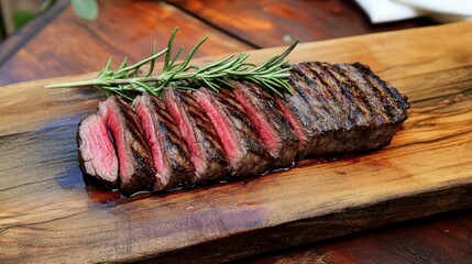 Grilled Steak with Rosemary on Wooden Board