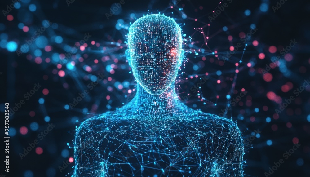 Poster digital consciousness - futuristic ai humanoid with binary code network in transparent body