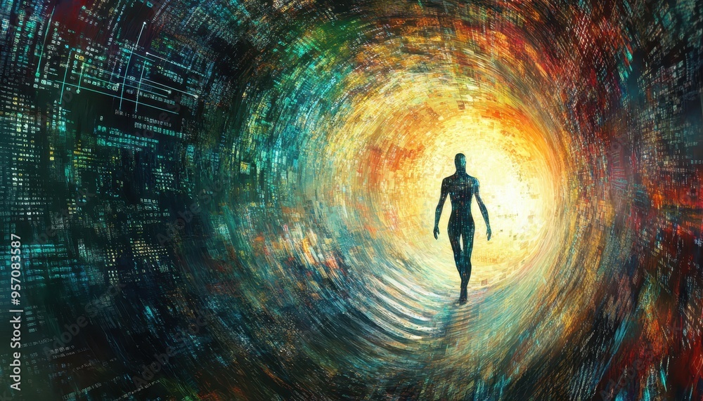 Poster digital evolution - humanoid emerging from binary vortex with abstract elements