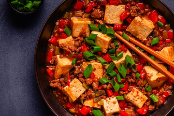 Mapo tofu, tofu in spicy mincemeat sauce.
