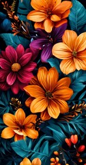 Fototapeta premium colorful floral pattern with orange and blue flowers
