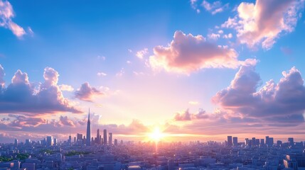 Fototapeta premium A stunning skyline view at sunset with vibrant clouds illuminating the horizon, showcasing urban beauty and tranquility.