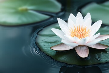 White water lily blooming in a pond with green water and ripples.