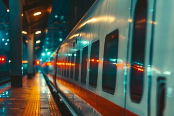 Fototapeta premium A high-speed train waits at an illuminated platform, lights reflecting off its sleek metal exterior.