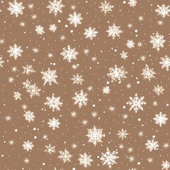 Seamless pattern featuring white snowflakes and dots on a beige background, perfect for winter decor.