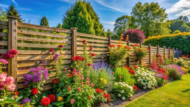 Vibrant flowers and lush greenery thrive behind a rustic wooden windbreak, protecting the serenity of a sun-kissed garden on a warm summer afternoon.