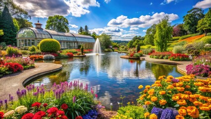 Fototapeta premium Vibrant flowers bloom amidst lush greenery and tranquil water features in a picturesque botanical garden in Gothenburg, Sweden on a sunny summer day.