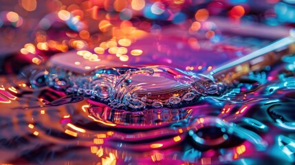 Radiant Holiday with Vibrant Lights and Sparkling Bokeh Backdrop  Dazzling multicolored illumination glitter and iridescent reflections create a mesmerizing enchanting