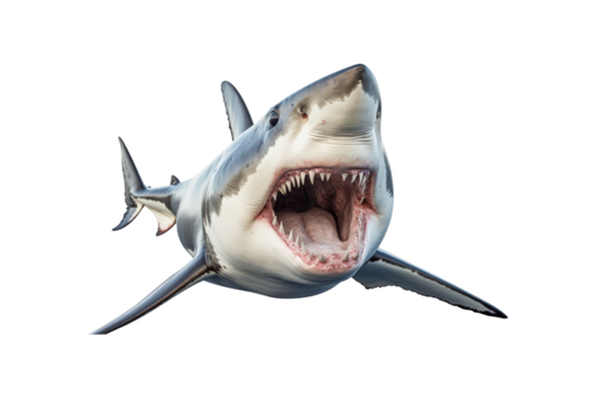 A huge white shark with an open mouth is swimming close up, showing sharp teeth on a white background. Suitable for marine conservation, wildlife documentaries, and educational materials