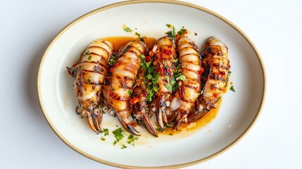 Delicious Yaowarat-Style Grilled Squid on White Plate for Gourmet Dining Experience | Minimalistic Seafood Presentation on White Background