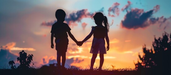 Obraz premium Silhouette of happy boy and girl holding hands at sunset