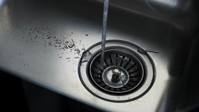 Close-up of water flowing into a stainless steel kitchen sink with droplets around the drain, highlighting cleanliness and modern kitchen design.