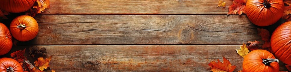Fototapeta premium On a rustic wood background, there is a banner with pumpkins and fall decor at the bottom with copy space.