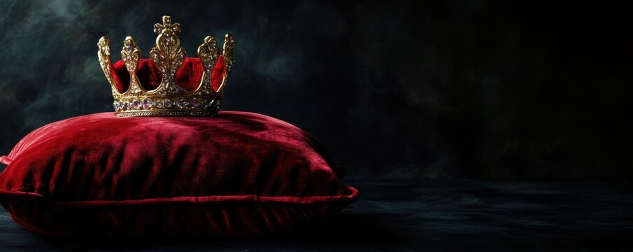 Red velvet pillow with a golden crown on a dark background, a royal king or queen throne concept banner design Generative AI