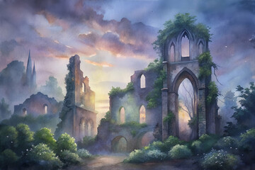 A painting of a ruined castle with a sky in the background. The castle is surrounded by trees and bushes