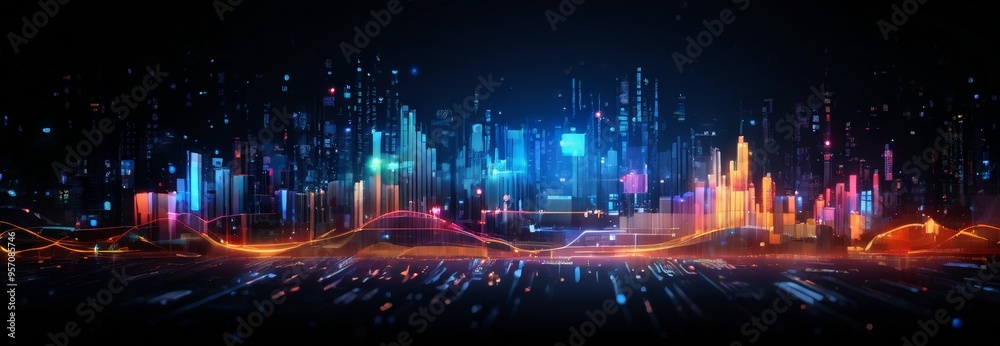 Wall mural futuristic city with neon lights and lines