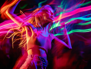A woman is dancing in a neon colored room