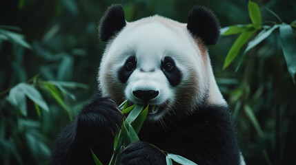 Obraz premium Close Up of a Panda Eating Bamboo in a Forest