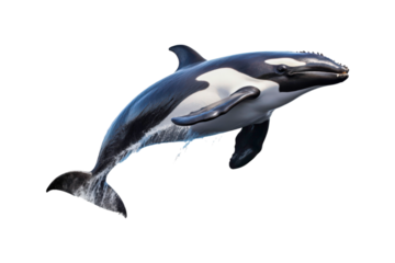 Black and white orca jumping out of water. Suitable for marine life websites, wildlife blogs, ocean themed designs, environmental posters, education materials