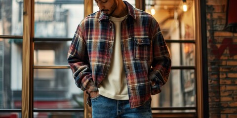 Fototapeta premium Man in plaid shirt with hands in pockets.