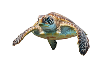 close up of a sea turtle on a white backdrop. Ideal for instructional materials on environmental issues, conservation, and marine life