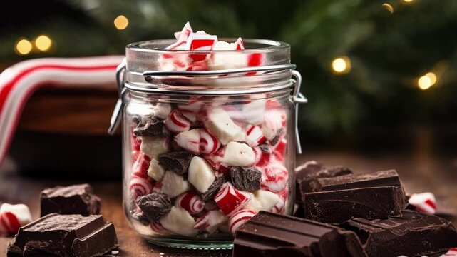 Crushed peppermint bark filling a glass jar, surrounded by chunks of dark and white chocolate, with candy canes out of focus in the background