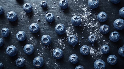 Flat Lay of blueberries scattered across a dark slate background with a hint of powdered sugar, emphasizing their rich blue color and natural sheen, hyper-realistic, high detail, photorealistic