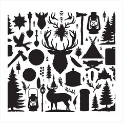 Hand drawn vintage rustic elements. forest wildlife  silhouette on white background
