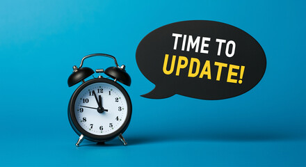 Alarm clock displaying time with update message on blue background
