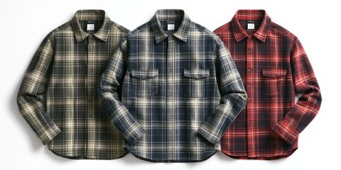 Three plaid shirts in green, blue, and red.