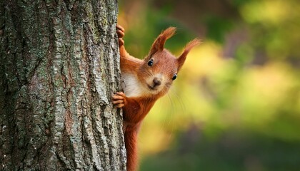 Behind the Bark: A Red Squirrel's Curious Glance"