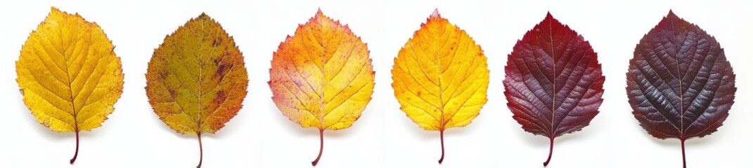 The set of autumn leaves is isolated on a white background. It has a high resolution.