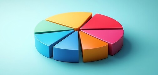 Obraz premium Colorful 3D pie chart with vibrant segments on a white background, illustrating various data distribution for business and statistical analysis. financial planning