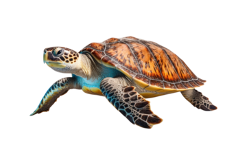 close up of a sea turtle on a white backdrop. Ideal for instructional materials on environmental issues, conservation, and marine life