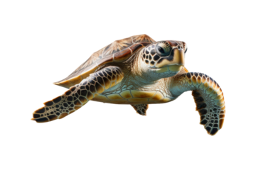 close up of a sea turtle on a white backdrop. Ideal for instructional materials on environmental issues, conservation, and marine life