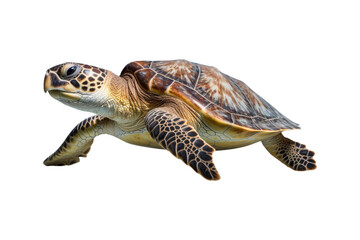 close up of a sea turtle on a white backdrop. Ideal for instructional materials on environmental issues, conservation, and marine life