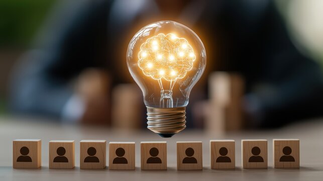 Illuminating Leadership and Teamwork Concept with a Glowing Light Bulb and Wooden Icons of People