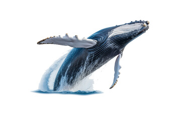 A whale jumps from the water, splashing water. Suitable for marine conservation, marine life education, holiday promotions, and wildlife documentaries