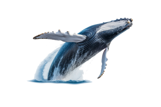 A whale jumps from the water, splashing water. Suitable for marine conservation, marine life education, holiday promotions, and wildlife documentaries
